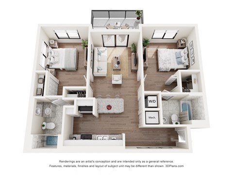 Floor plan for 2 beds, 2 baths, 971 sqft